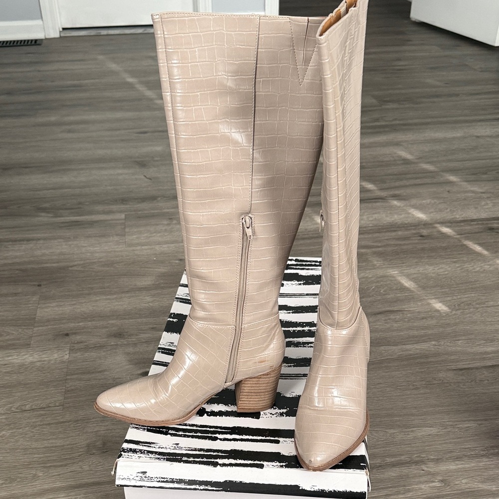 Dolce Vita Beige Croc-Embossed Over the Knee Boots - Picture 3 of 3